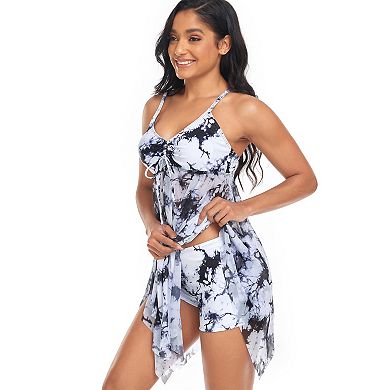 Womens Two Piece Tankini Swimsuit Mesh Irregular Bathing Suit Swim Dress with Shorts