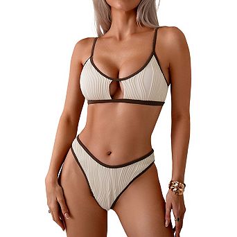 Womens Bikini Set Mid Rise Crinkle Cut Out Two Piece Swimsuit High Cut Cheeky Bathing Suit