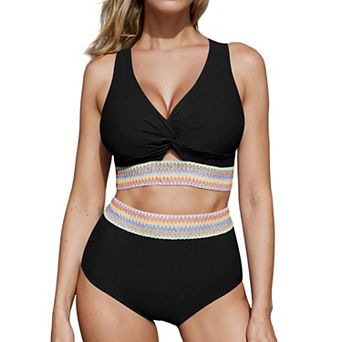 Womens Tummy Control Two Piece Swimsuits Color Block High Waisted Bikini Sets Bathing Suit