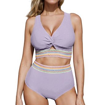 Womens Tummy Control Two Piece Swimsuits Color Block High Waisted Bikini Sets Bathing Suit