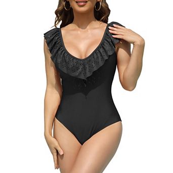 Women's Ruffle One Piece Swimsuits Tummy Control Bathing Suit Deep V Neck Backless Swimwear