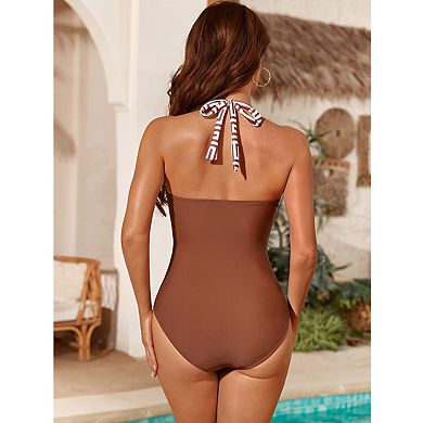 Womens One Piece Swimsuit Tummy Control Deep V Neck Halter Splicing Bathing Suit Bikini