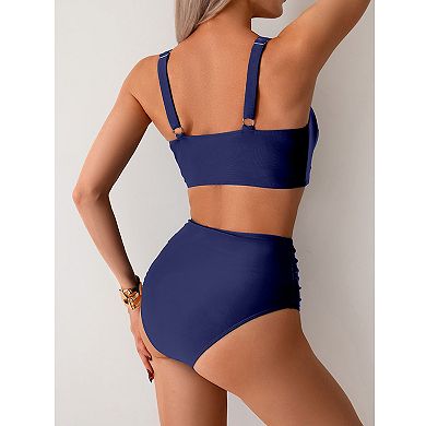 Women Two Piece Bikini Sets High Waisted Swimsuit Push Up Twist Front Ruched Bathing Suit