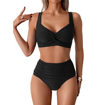 Women Two Piece Bikini Sets High Waisted Swimsuit Push Up Twist Front Ruched Bathing Suit