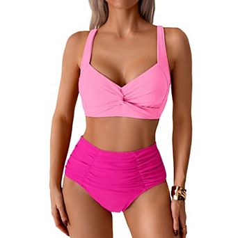 Women Two Piece Bikini Sets High Waisted Swimsuit Push Up Twist Front Ruched Bathing Suit
