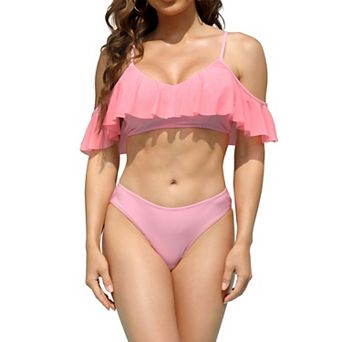 Women Two Piece High Waisted Bikini Set Swimsuit Off Shoulder Mesh Ruffle Bathing Suits