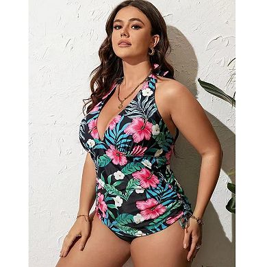 Womens Plus Size 2 Piece Halter Tankini Swimsuits Tie Backless Printed Tops with Panty