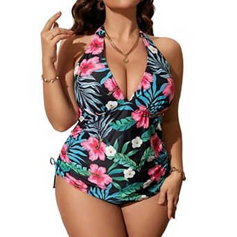 Womens Plus Size 2 pc Halter Tankini Swimsuits Tie Backless Printed Tops with Panty