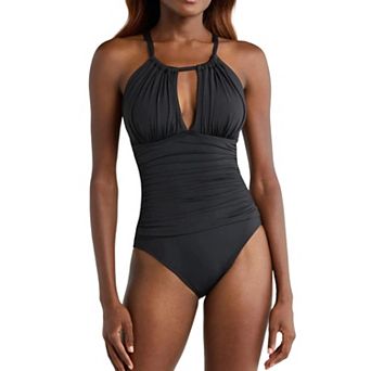 Womens One Piece Swimsuit High Neck Cutout Pleated Tummy Control Bathing Suit