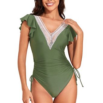 Womens One Piece Tummy Control Swimsuits Ruffles Ruched Side Tie Bathing Suits Swimwear