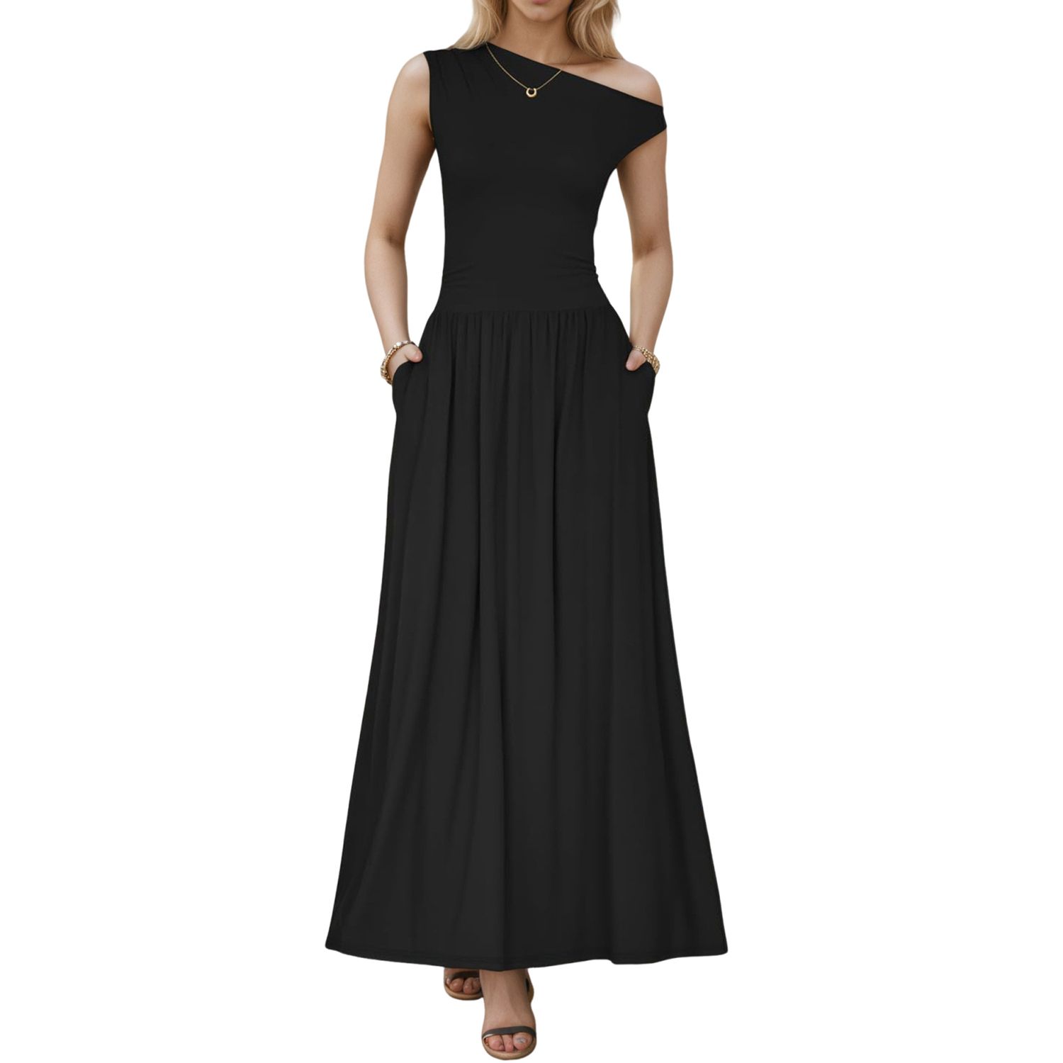 Женские платья One Shoulder Maxi Dress Sleeveless Slim Fit Flowy Party Wedding Guest Dress with Pocket