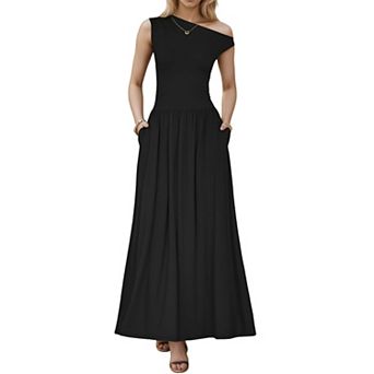 Womens One Shoulder Maxi Dress Sleeveless Slim Fit Flowy Party Wedding Guest Dress with Pocket