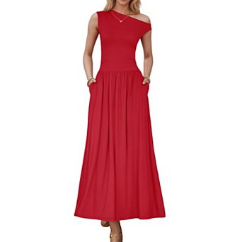 Womens One Shoulder Maxi Dress Sleeveless Slim Fit Flowy Party Wedding Guest Dress with Pocket