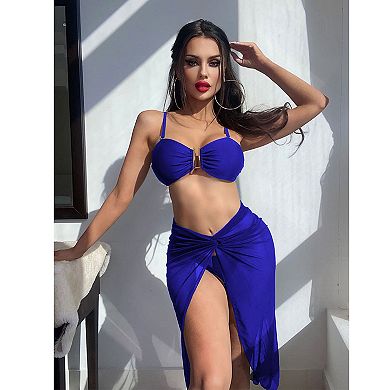 Womens 3 Piece Bikini Set U Wire Cutout Ruched Swimsuit with Split Beach Skirt Bathing Suit