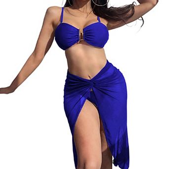 Womens 3 pc Bikini Set U Wire Cutout Ruched Swimsuit with Split Beach Skirt Bathing Suit