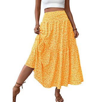 Women High Waist Smocked Tiered Ruffle Hem Floral Print Lightweight Maxi Skirt