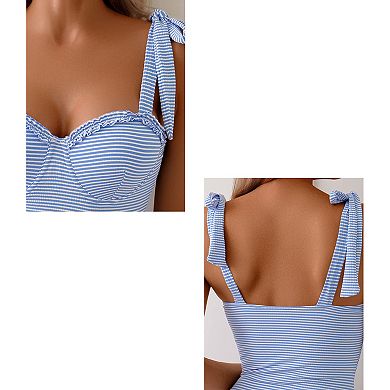 Womens Striped One Piece Swimsuits Tie Shoulder High Cut Summer Vacation Bathing Suit