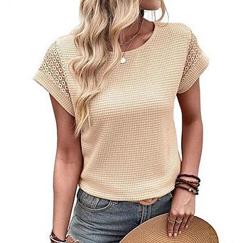 Womens Casual Everyday Wear Shirt Loose Fit Crew Neck Waffle Knit Top Lace Cap Sleeves Blouse