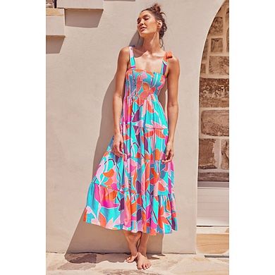 Women's Boho Spaghetti Strap Square Neck Ruffle A-Line Floral Beach Swing Party Maxi Dress