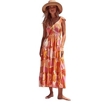 Women's Boho Spaghetti Strap Square Neck Ruffle A-Line Floral Beach Swing Party Maxi Dress