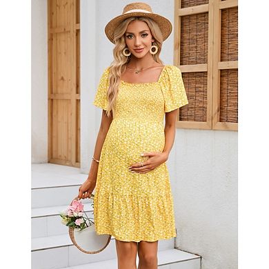 Women's Maternity Square Neck Short Sleeve Smocked Boho Ruffle Casual Sundress