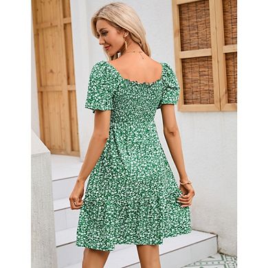 Women's Maternity Square Neck Short Sleeve Smocked Boho Ruffle Casual Sundress