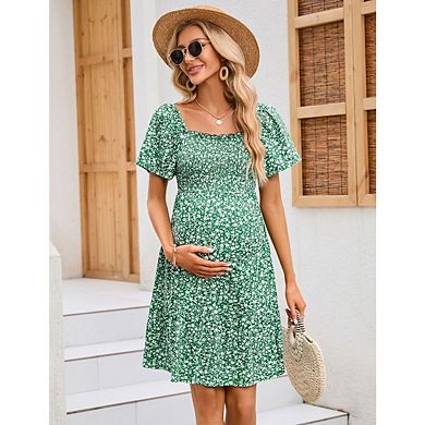 Women's Maternity Square Neck Short Sleeve Smocked Boho Ruffle Casual Sundress