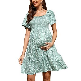 Women's Maternity Square Neck Short Sleeve Smocked Boho Ruffle Casual Sundress