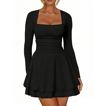 Women's Square Neck Long Sleeve Mini Dress, Ruched Waist Tiered Ruffle Party Dress