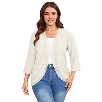 Women’s Plus Size Lace Patchwork 3/4 Sleeve Cardigan Casual Open Front Sweater