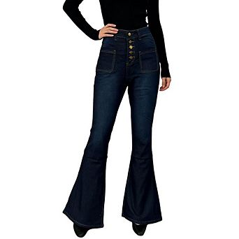 Women's High Waisted Flare Jeans Button Denim Bell Bottom Pants with Pockets