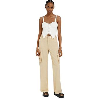 Women's Cargo Baggy Wide Leg High Waist Casual Stretch Solid Color Pants