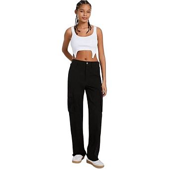 Women's Cargo Baggy Wide Leg High Waist Casual Stretch Solid Color Pants