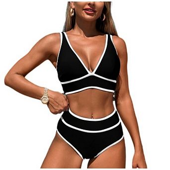 Women's High Waisted Bikini Set Contrast Trim V Neck Two Piece Swimsuit