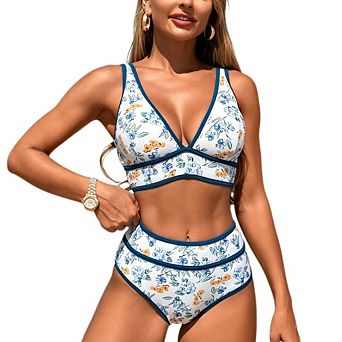 Women's High Waisted Bikini Set Contrast Trim V Neck Two Piece Swimsuit