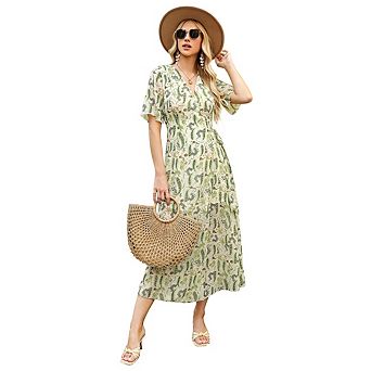 Women's Casual Floral Maxi Dress V Neck Ruffled Short Sleeved Dress Perfect for Vacation