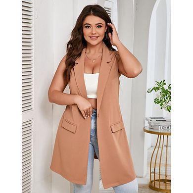 Women's Plus Size Sleeveless Blazer Vest Classic Mid Long Open Front Work Office Waistcoat