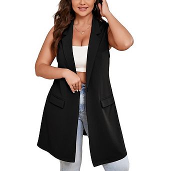 Women's Plus Size Sleeveless Blazer Vest Classic Mid Long Open Front Work Office Waistcoat