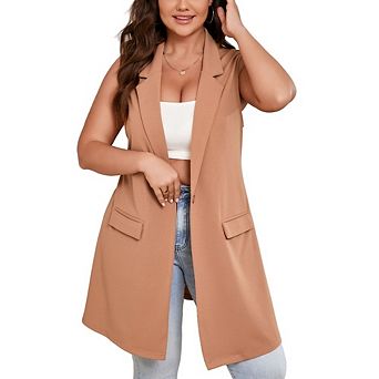 Women's Plus Size Sleeveless Blazer Vest Classic Mid Long Open Front Work Office Waistcoat