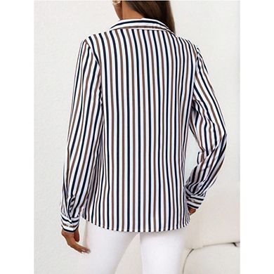 Women's Button-Down Long Sleeve Shirt Casual Striped Collared Office Blouse
