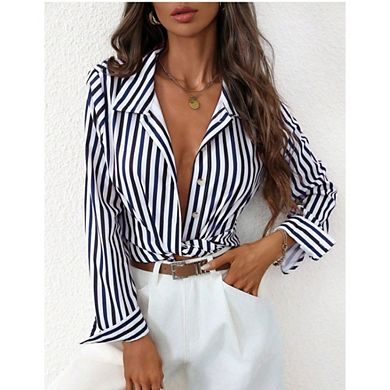 Women's Button-Down Long Sleeve Shirt Casual Striped Collared Office Blouse