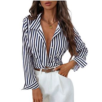 Women's Button-Down Long Sleeve Shirt Casual Striped Collared Office Blouse