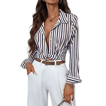 Women's Button-Down Long Sleeve Shirt Casual Striped Collared Office Blouse