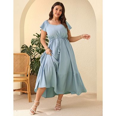 Women Plus Size Boho Short Sleeves High Waist Ruffle Casual Maxi Dress with Pockets