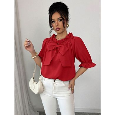 Women Off-Shoulder Short Sleeve Blouse Ruffle Cuff Bow Front Casual Wear