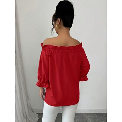 Women Off-Shoulder Short Sleeve Blouse Ruffle Cuff Bow Front Casual Wear