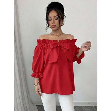Women Off-Shoulder Short Sleeve Blouse Ruffle Cuff Bow Front Casual Wear