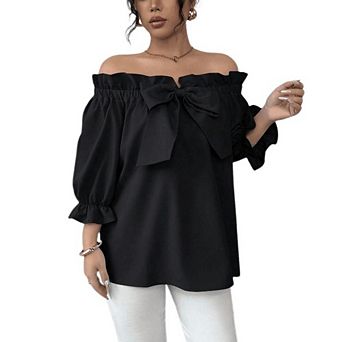 Women Off-Shoulder Short Sleeve Blouse Ruffle Cuff Bow Front Casual Wear