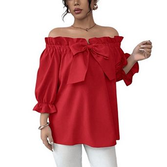 Women Off-Shoulder Short Sleeve Blouse Ruffle Cuff Bow Front Casual Wear