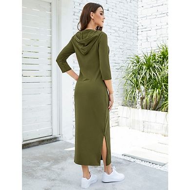 Women's Casual 3/4 Sleeve Pullover Hoodie Maxi Dresses Zipper Neck Side Split Dress